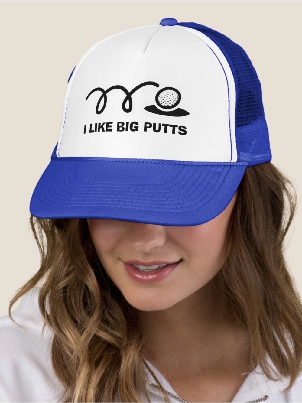 White & Royal Blue Trucker Hat with 'I Like Big Putts' Print